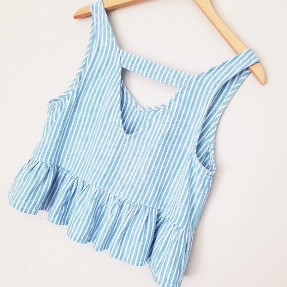 Abound Linen Blend Crop Top S Blue White Striped Peplum Crop Ruffle Sleeveless - Picture 9 of 14